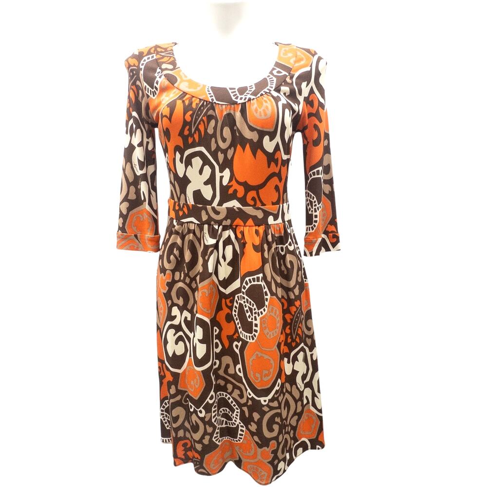 Milly Vintage Silk Orange Brown Print Dress 3/4 Sleeve Scoop Neck Women's M